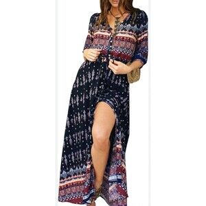 Women's Summer Boho Button Up Maxi Dress Black Hippy Bohemian Large 12-14